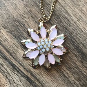 Pink jeweled necklace with 32” gold-toned chain